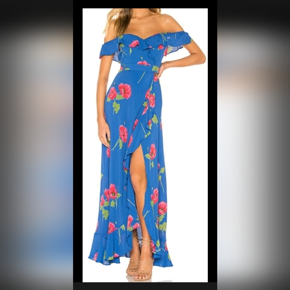 Flynn Skye Monica Womens Dress Small  Blue Red Floral Maxi Rayon Vacation